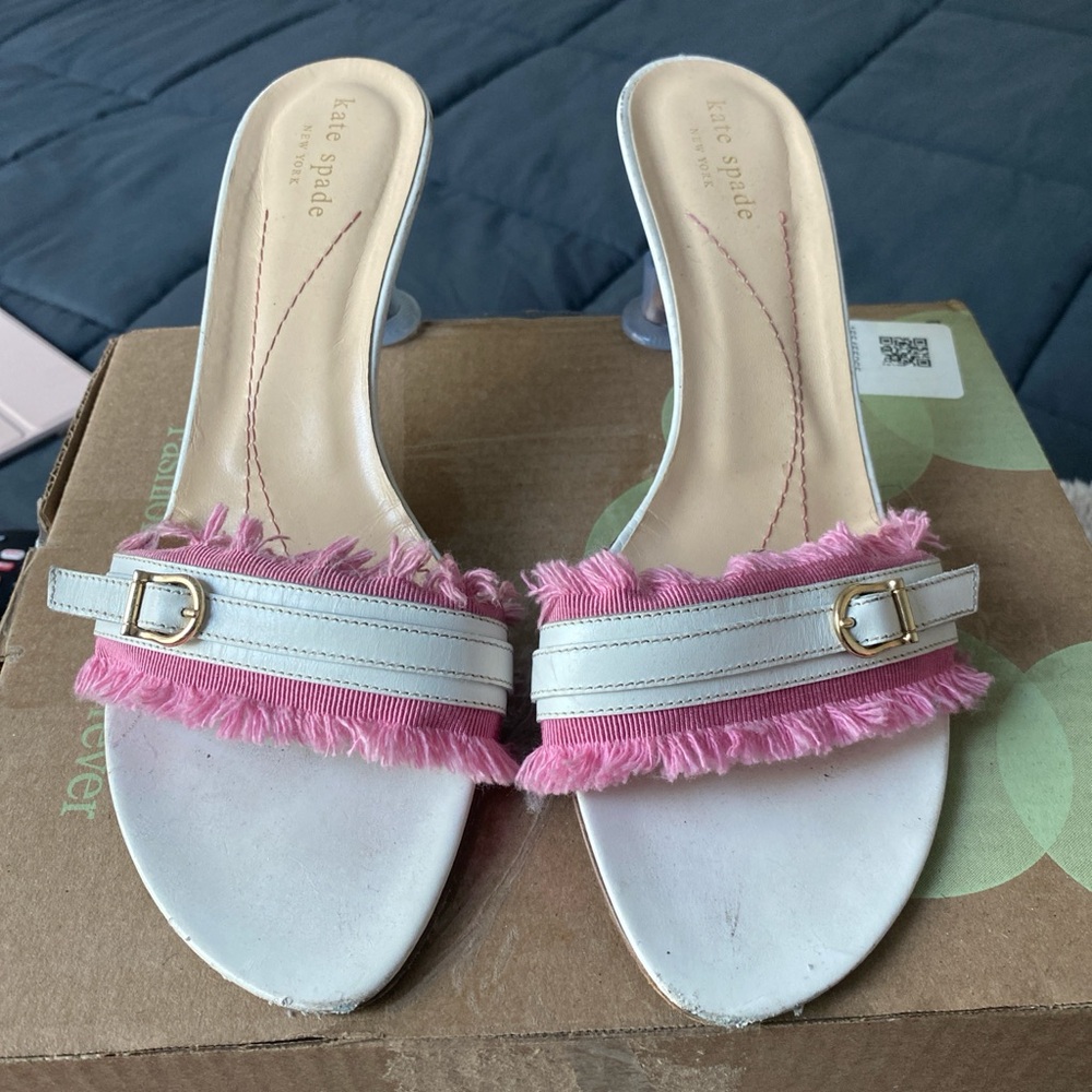 kate spade Pink and White Fringe Slide Mules
